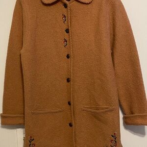 Wool Embroidered Tan long sweater , warm in nice condition